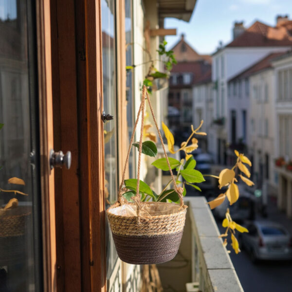 Eco-Friendly Hanging Straw Rope Home Garden Flower Pot with Handle and Plastic Liner