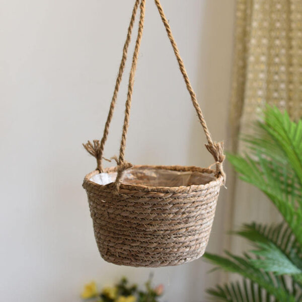 Eco-Friendly Hanging Straw Rope Home Garden Flower Pot with Handle and Plastic Liner