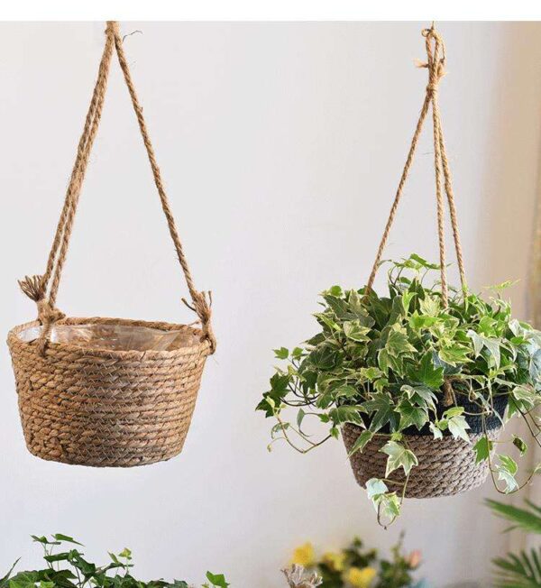 Eco-Friendly Hanging Straw Rope Home Garden Flower Pot with Handle and Plastic Liner
