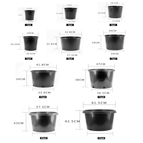 Promotion Durable 1 to 25 Gallon Black Plastic Planter Plant Flower Seedling Nursery Pots