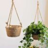 Eco-Friendly Hanging Straw Rope Home Garden Flower Pot with Handle and Plastic Liner
