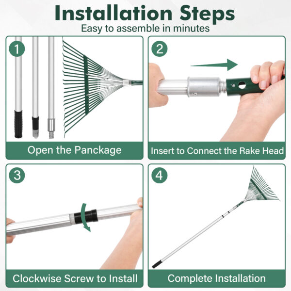 12FT With Adjustable Aluminum Telescopic Pole Manganese Steel Garden Leaf Rakes