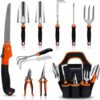 10 PCS Stainless Steel Heavy Duty Gardening Tool Set with Soft Rubberized Non-Slip Ergonomic Handle Storage Tote Bag