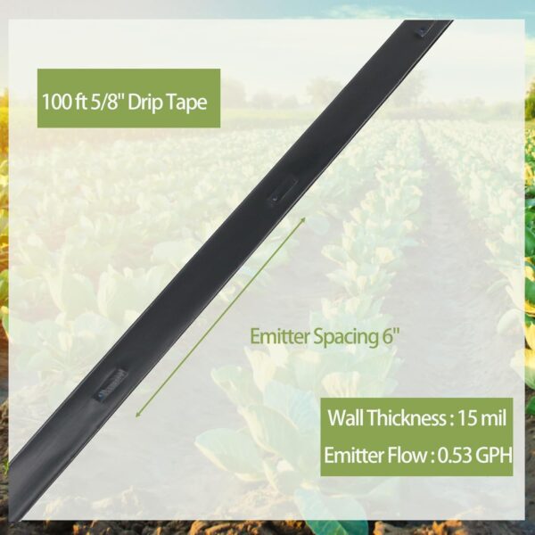 100 ft 5/8" Drip Irrigation Tape Kit Emitter Spacing 6" with 20PCS Drip Tape Connectors and 20PCS Drip Tape Row Ends Automatic Equipment for Garden Irrigation Wall Thickness : 15 mil
