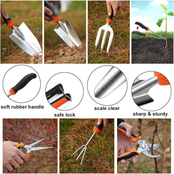 10 PCS Stainless Steel Heavy Duty Gardening Tool Set with Soft Rubberized Non-Slip Ergonomic Handle Storage Tote Bag