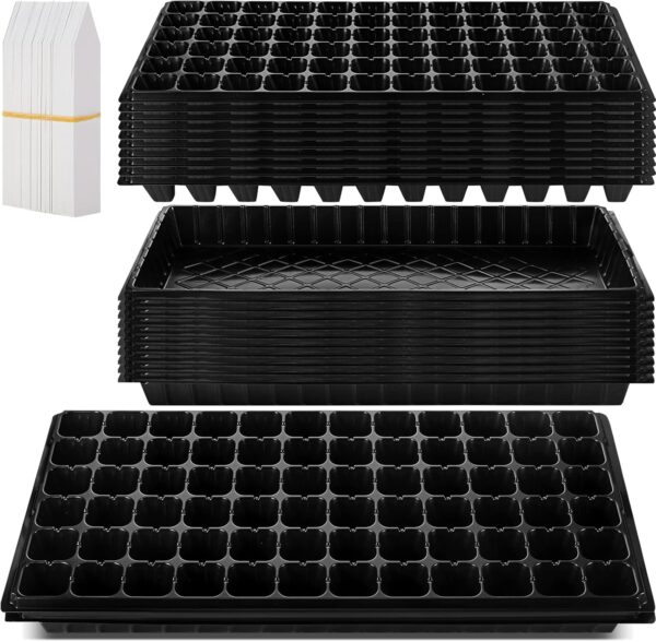 Seed Starter Trays Tray Kits with Dome 72 Cells Plug Trays and 1020 Tray No Holes with 100 Pcs Tags Seed Starter Kit for Nursery Germination Plant Propagation Gardening Greenhouse