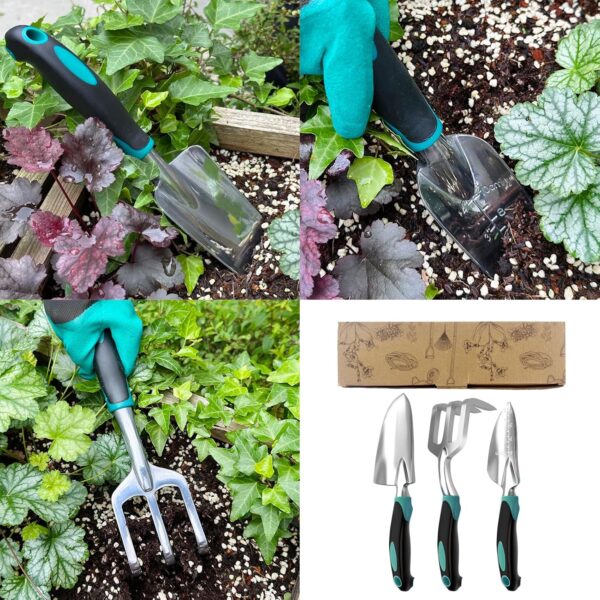 Garden Tool Set, Garden Trowel and Rake, Heavy Duty 3 Piece Gardening Tools, Non-Slip Rubber Grip, Outdoor Hand Tools, Essential