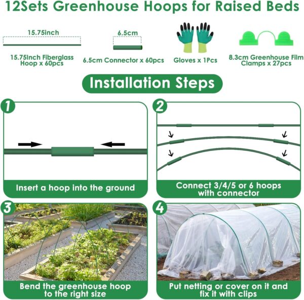 Garden Hoops for Raised Beds, 12 Sets Greenhouse Hoops Grow Tunnel Rust-Free Fiberglass Hoop House Kit, Plant Support Garden Stakes Hoops Frame for Netting Shade Cloth Row Cover Garden Supplies