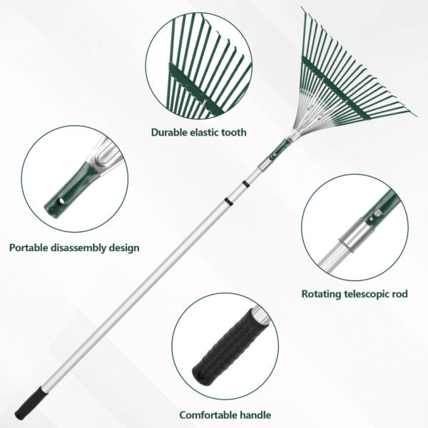 12FT With Adjustable Aluminum Telescopic Pole Manganese Steel Garden Leaf Rakes