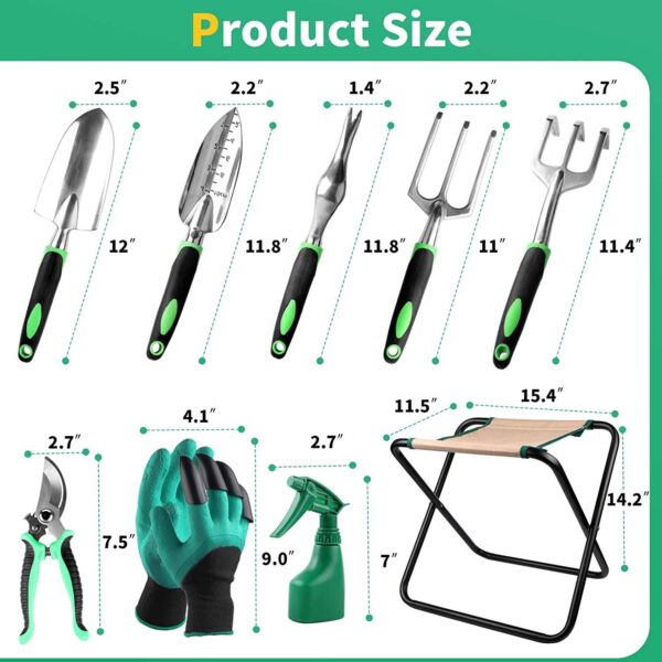 10 Pieces Heavy Duty Aluminium Alloy Garden Hand Tools with Gardening Stool and Detachable Canvas Tool Bag