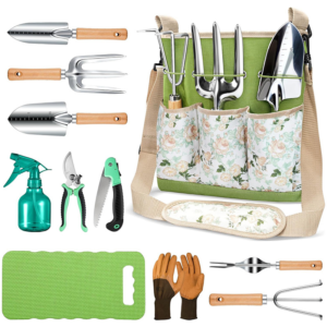 All-in-One Garden Tool Set, 11-Piece Heavy Duty Gardening Tools with Ergonomic Canvas Shoulder Crossbody Bag, Rust-Proof Premium Garden Tool Kit, Gardening Gift for Women Men, Green