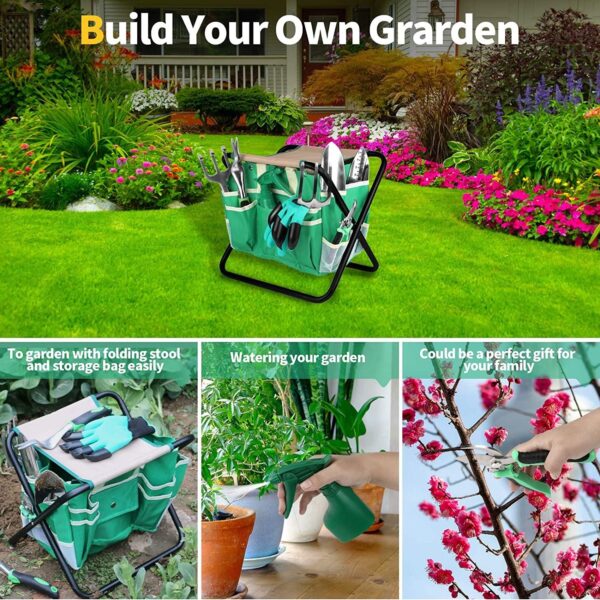 10 Pieces Heavy Duty Aluminium Alloy Garden Hand Tools with Gardening Stool and Detachable Canvas Tool Bag
