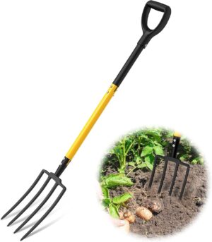 Pitch Fork, 4 Tine Heavy Duty Garden Fork with Ergonomic No-Slip D-Grip Handles, Handle Spading Fork