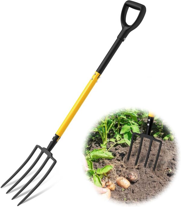 Pitch Fork, 4 Tine Heavy Duty Garden Fork with Ergonomic No-Slip D-Grip Handles, Handle Spading Fork