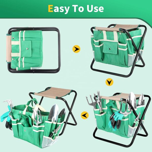 10 Pieces Heavy Duty Aluminium Alloy Garden Hand Tools with Gardening Stool and Detachable Canvas Tool Bag