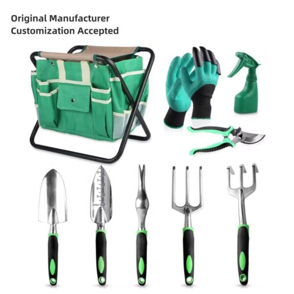10 Pieces Heavy Duty Aluminium Alloy Garden Hand Tools with Gardening Stool and Detachable Canvas Tool Bag