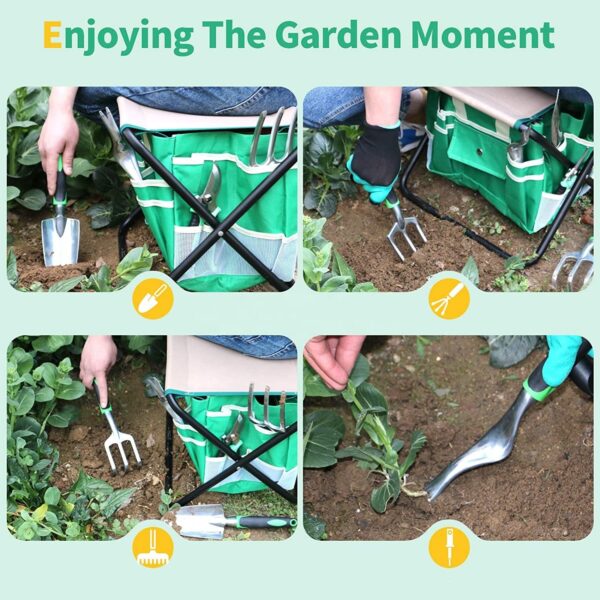 10 Pieces Heavy Duty Aluminium Alloy Garden Hand Tools with Gardening Stool and Detachable Canvas Tool Bag