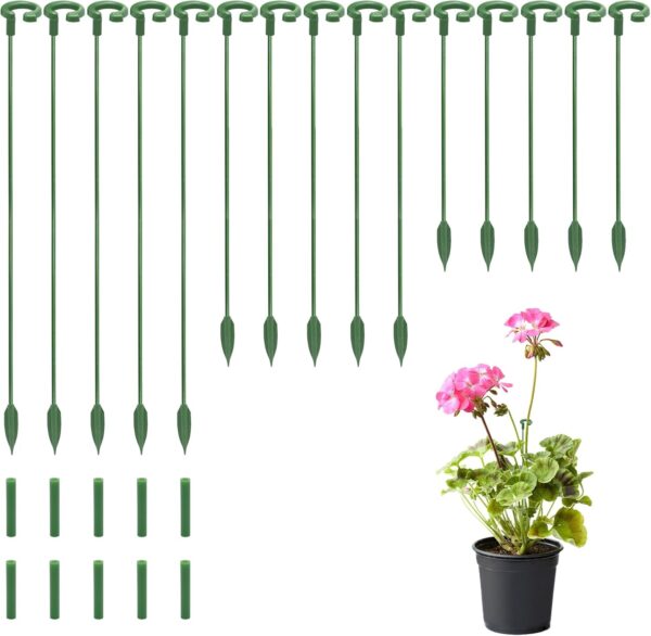 Plant Support Stakes with Movable Clips,  Green Garden Stakes for Potted Plants Indoor Outdoor, Orchid Tomato Rose Single Stem Support, Sturdy & Reusable